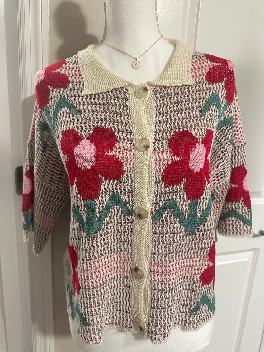So Me Cream Knit Cardigan with Red & Pink Floral Pattern